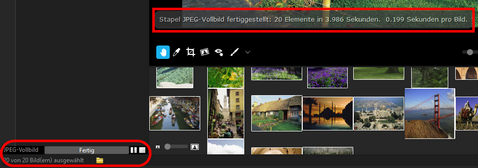 Damit die Geschwindigkeit gemessen werden kann, wird nach Beendigung der Verarbeitung die Gesamtverarbeitungszeit und die Durchschnittszeit pro Bild angezeigt.